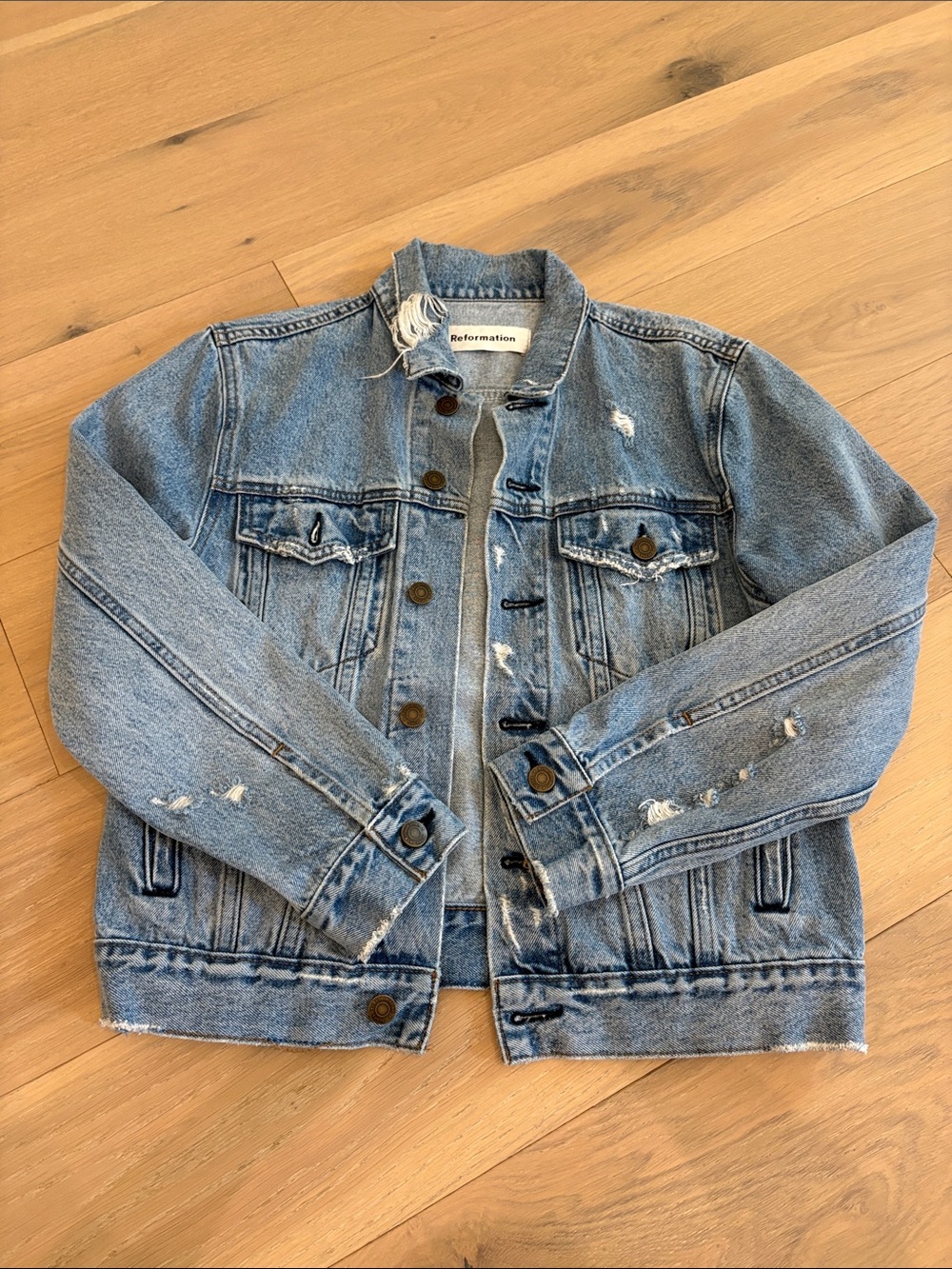 Reformation Light Blue Distressed Denim Jacket